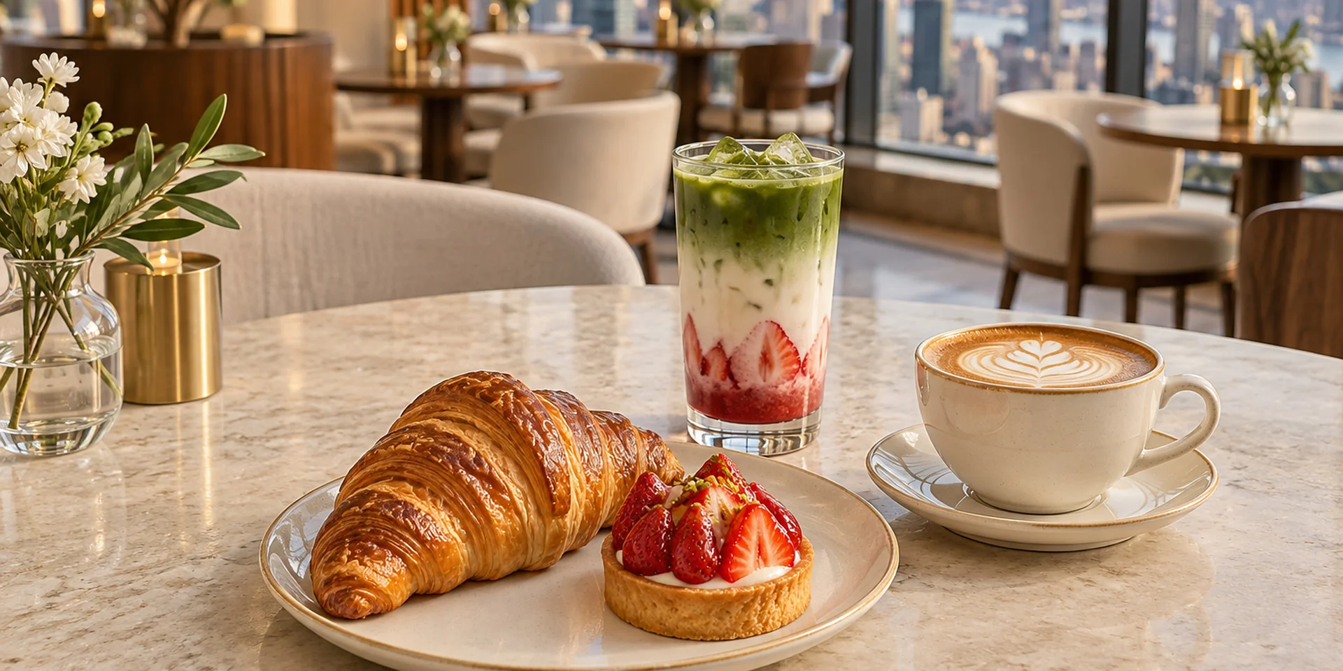 Croissant, strawberry tart, cappuccino and strawberry matcha on a pale stone table