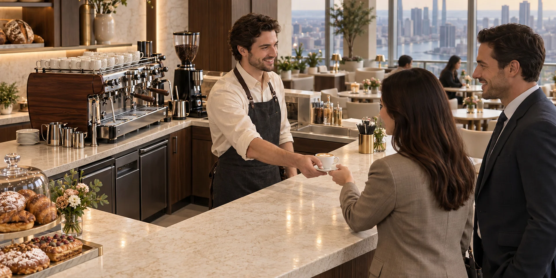 Barista serving customers across the counter, with the espresso machine behind