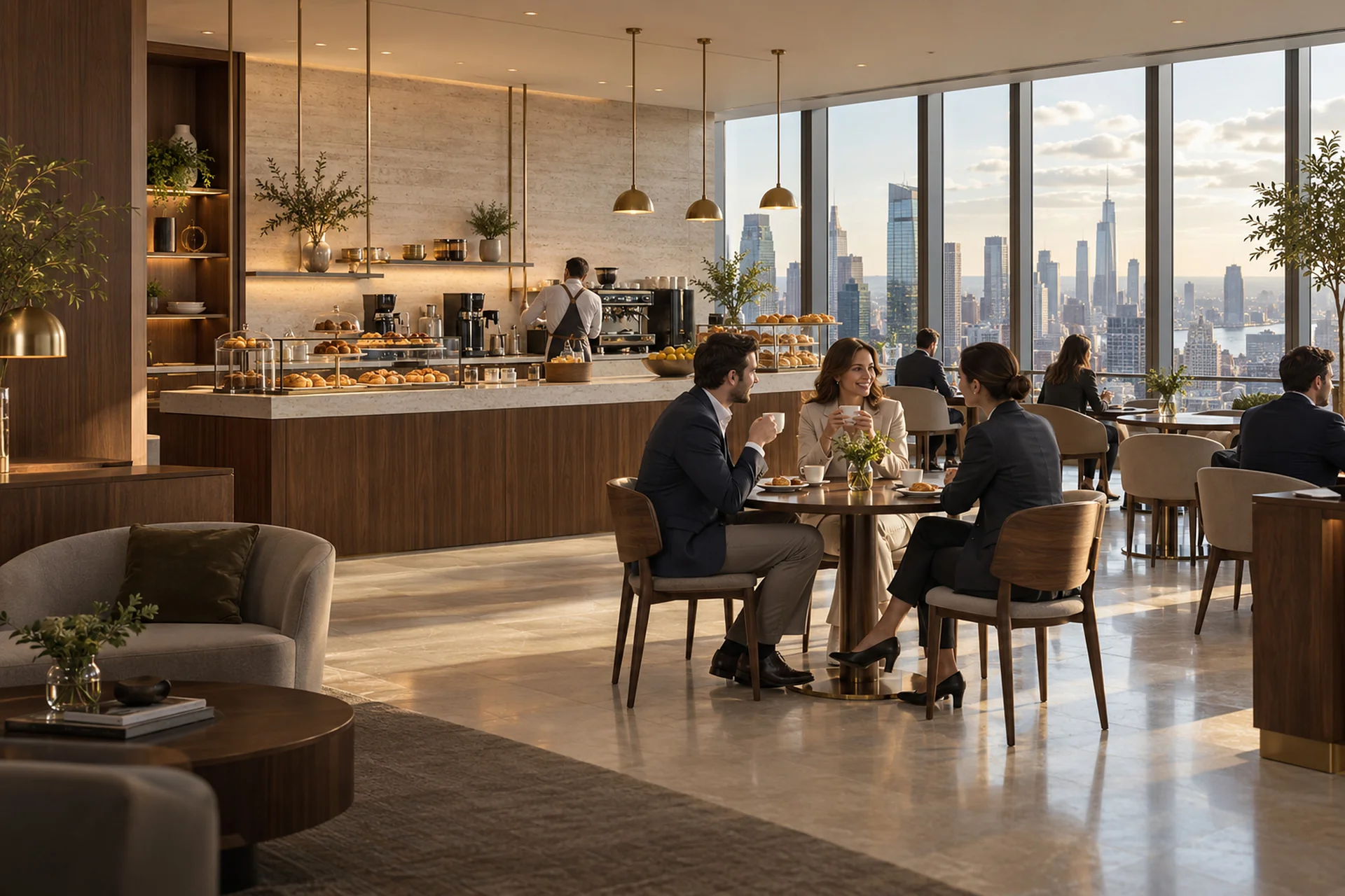 Guests chatting in a bright high-rise café with skyline views