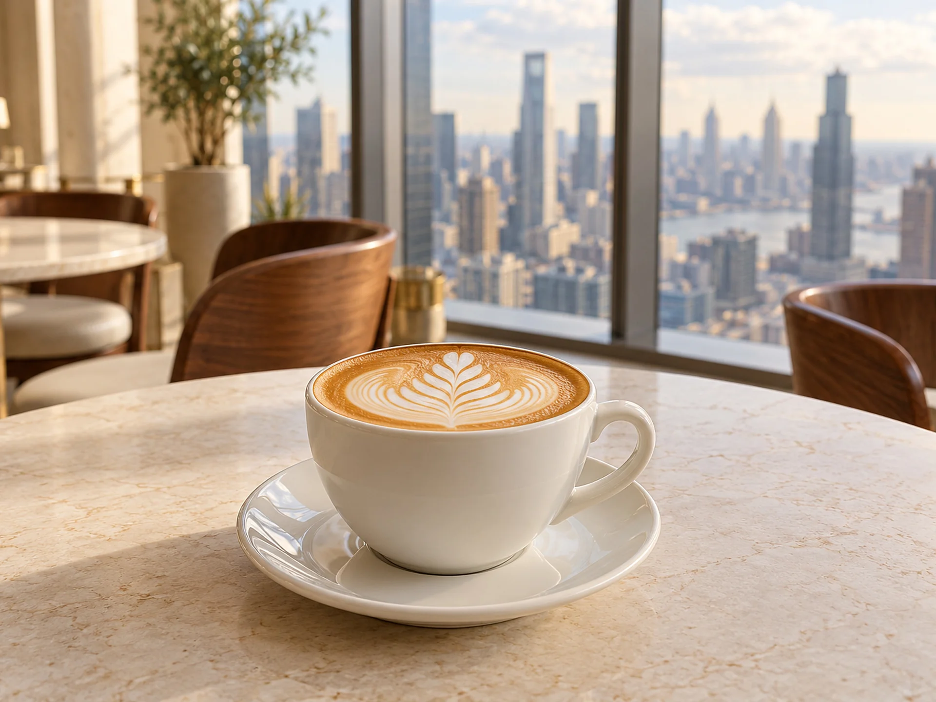 Cappuccino with rosetta latte art in an ivory cup