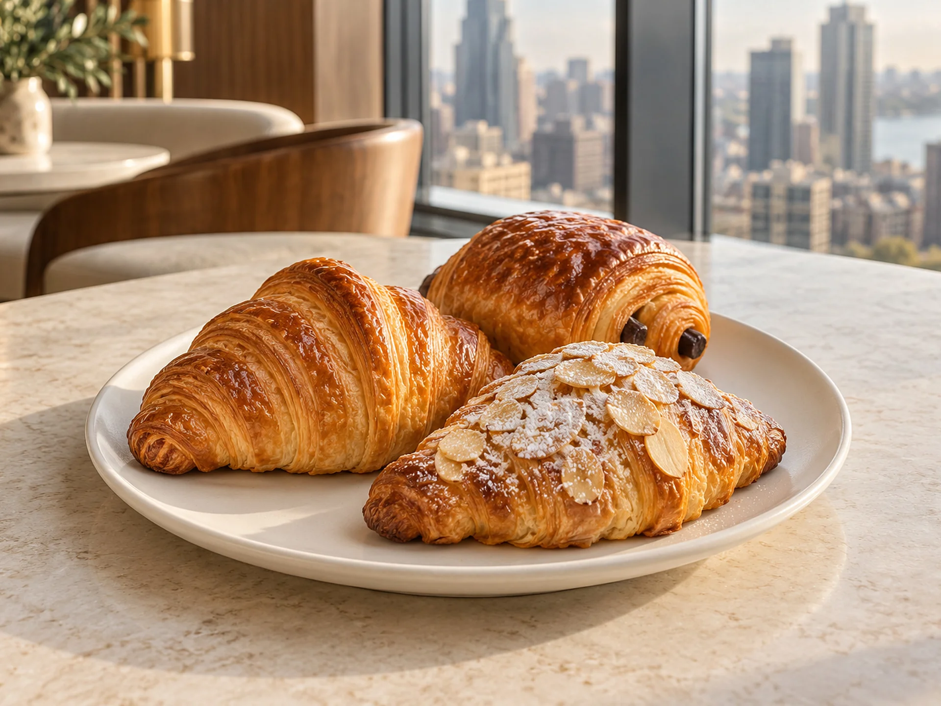 Butter, chocolate and almond croissants on an ivory plate
