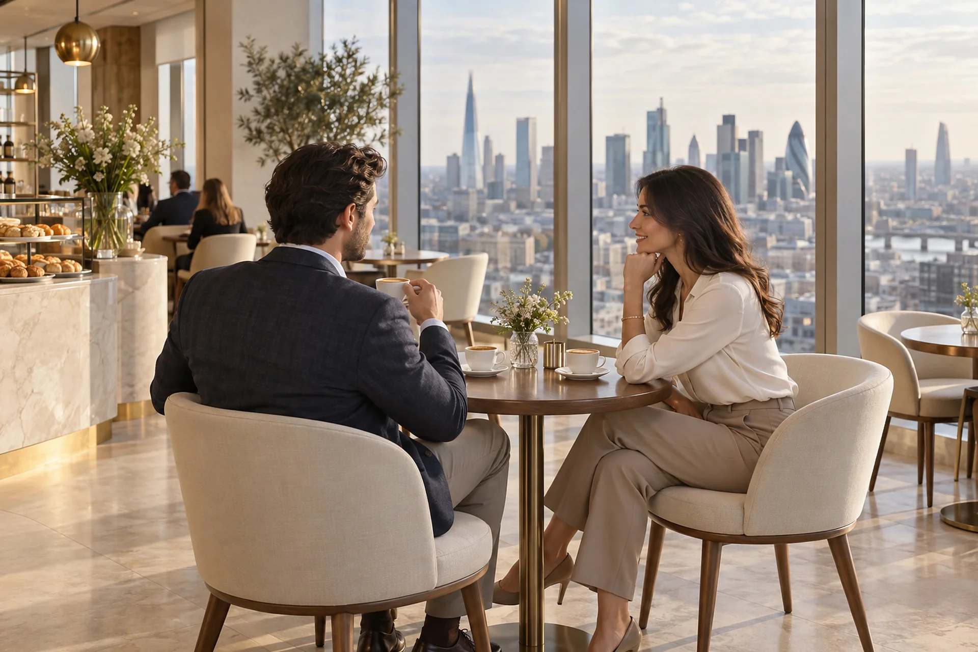 Two colleagues enjoying coffee beside floor-to-ceiling skyline windows