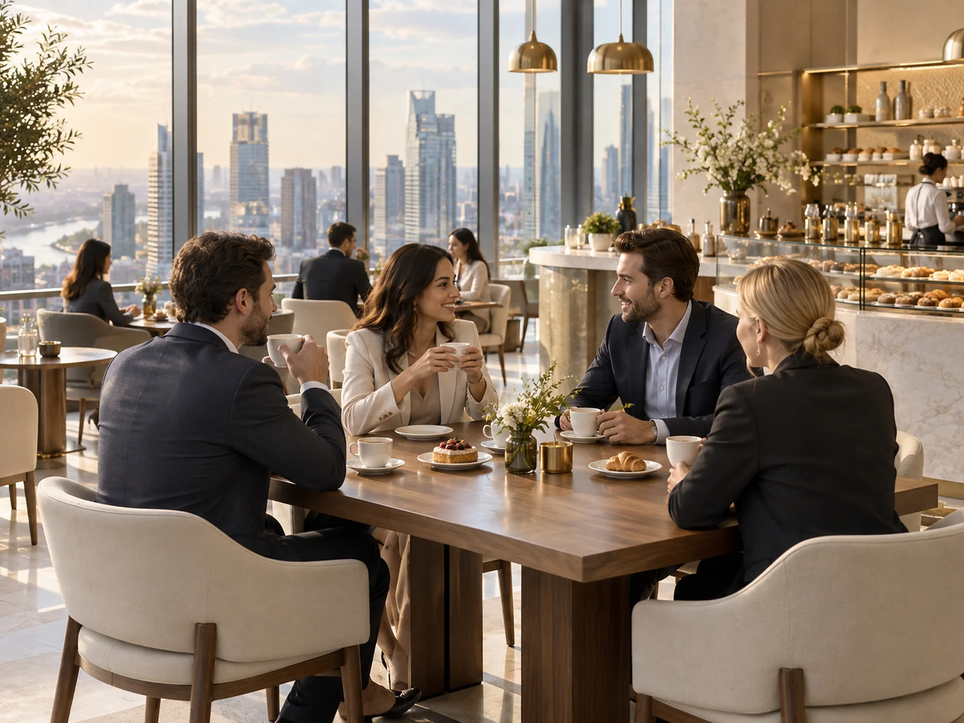 Colleagues talking around a walnut table in the café