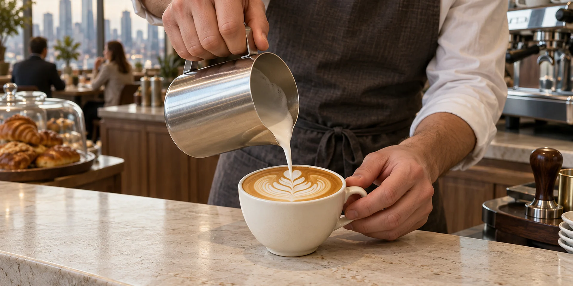 Barista pouring latte art into an ivory cup at the café counter