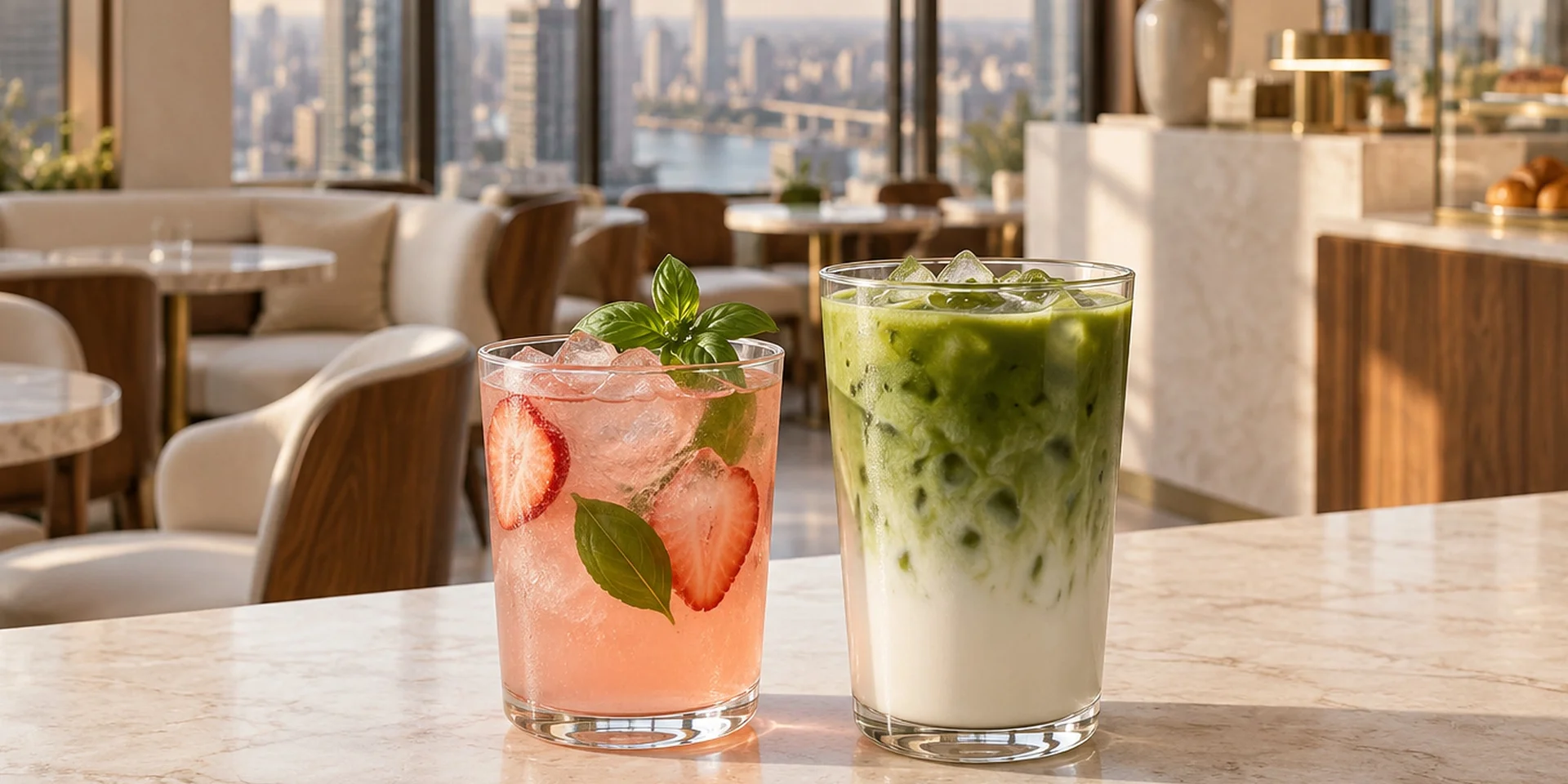 Strawberry basil lemonade and iced matcha latte in clear glasses