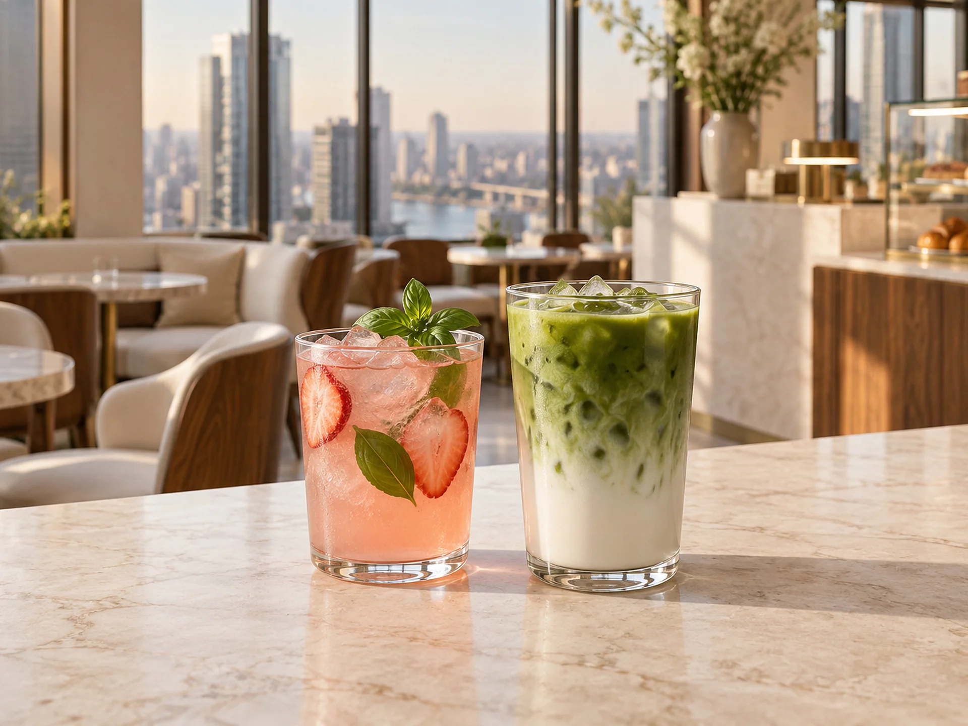 Strawberry basil lemonade and iced matcha latte in clear glasses