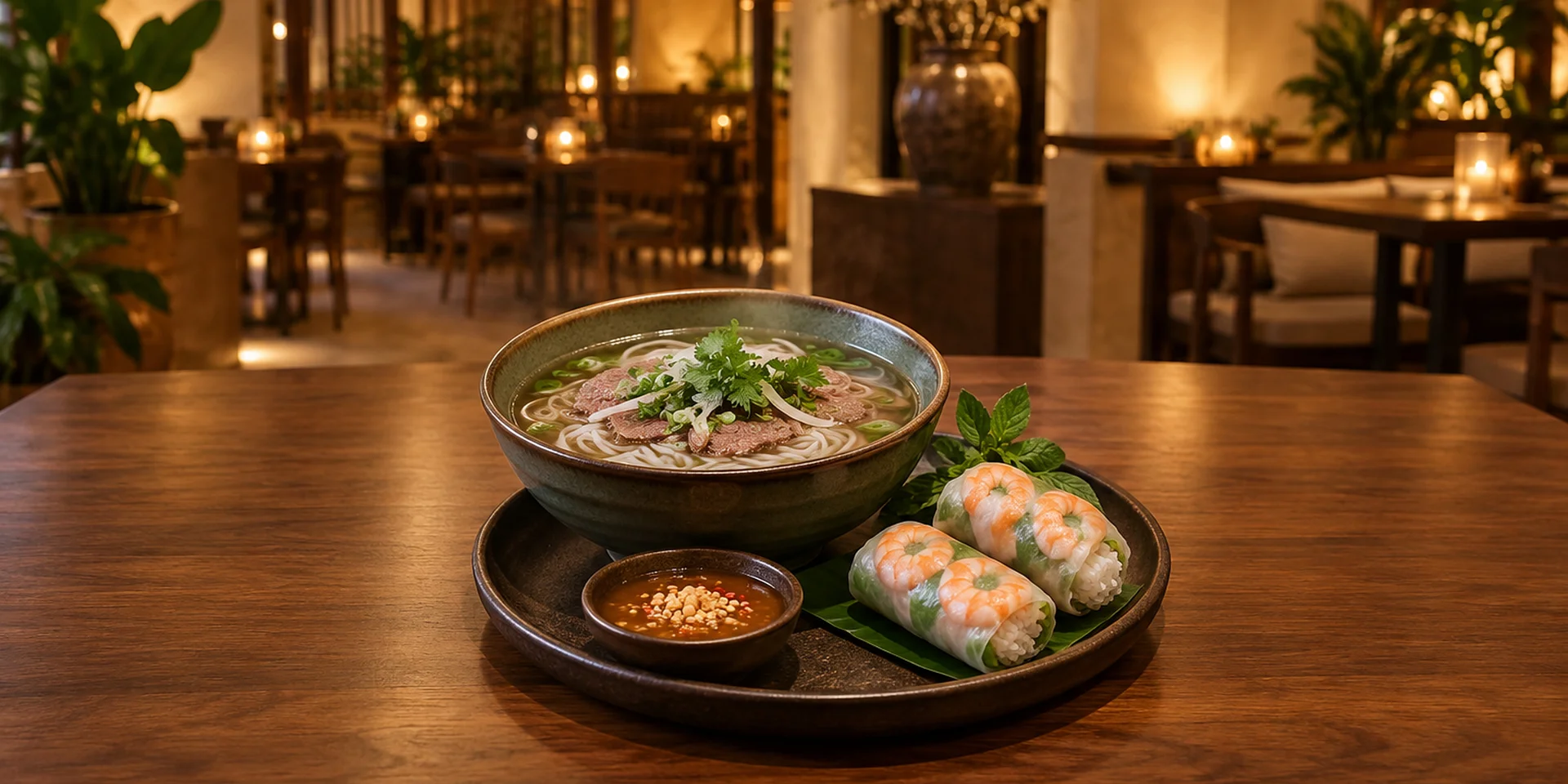 Bowl of phở with fresh spring rolls and dipping sauce