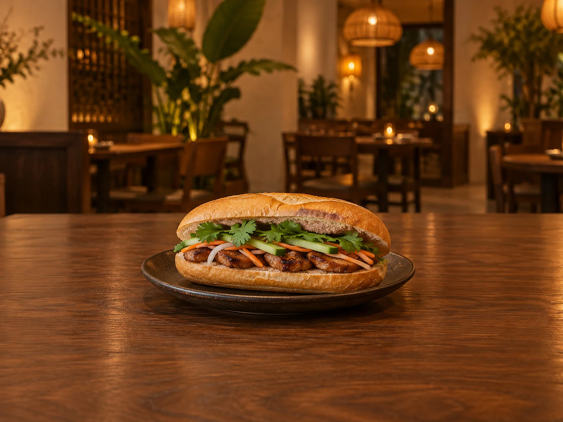 Bánh mì filled with grilled pork, pickled carrot and cilantro