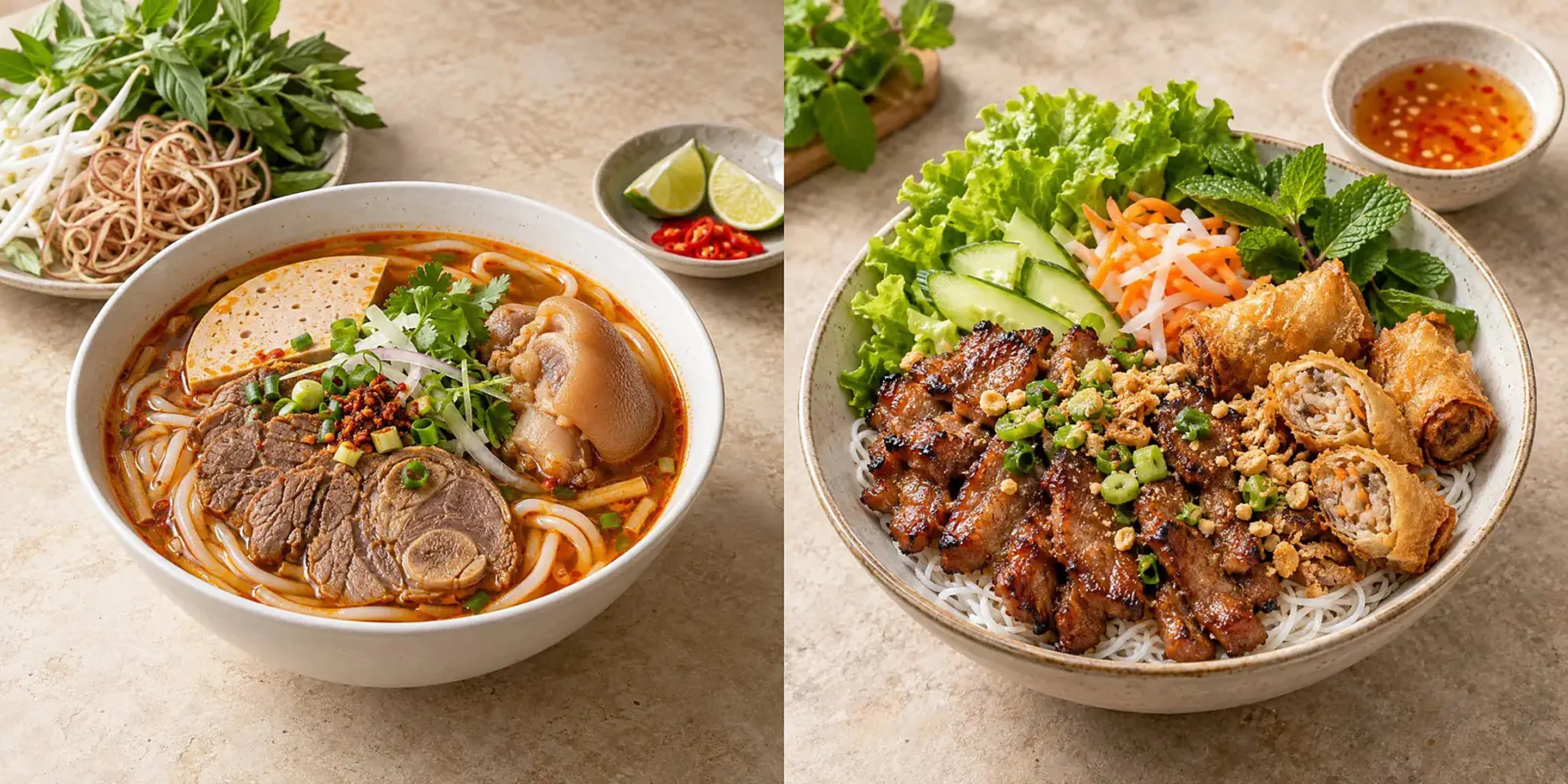 Bowl of spicy bún bò Huế beside bún thịt nướng with egg rolls