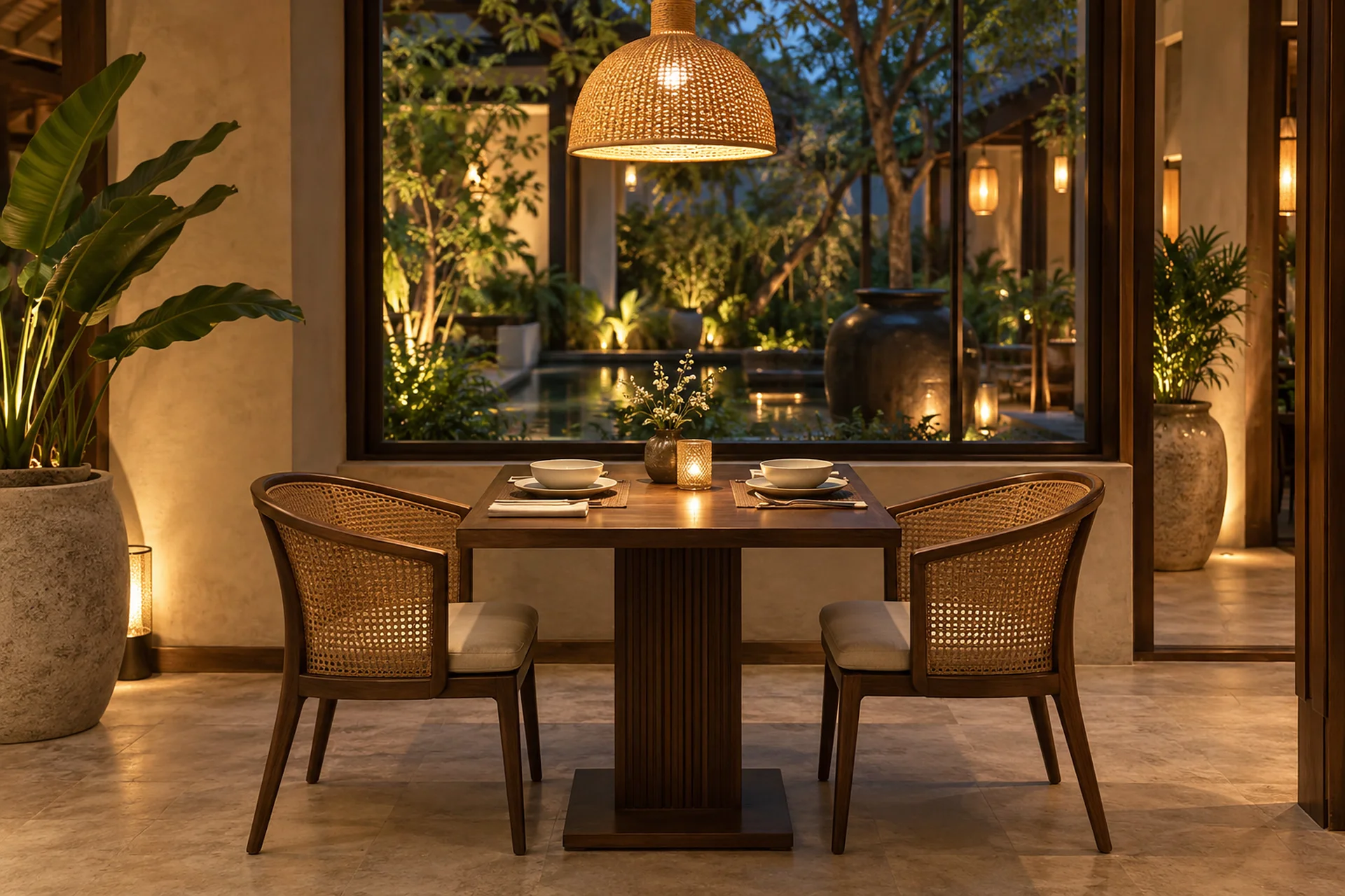 Table for two by a garden window in the evening
