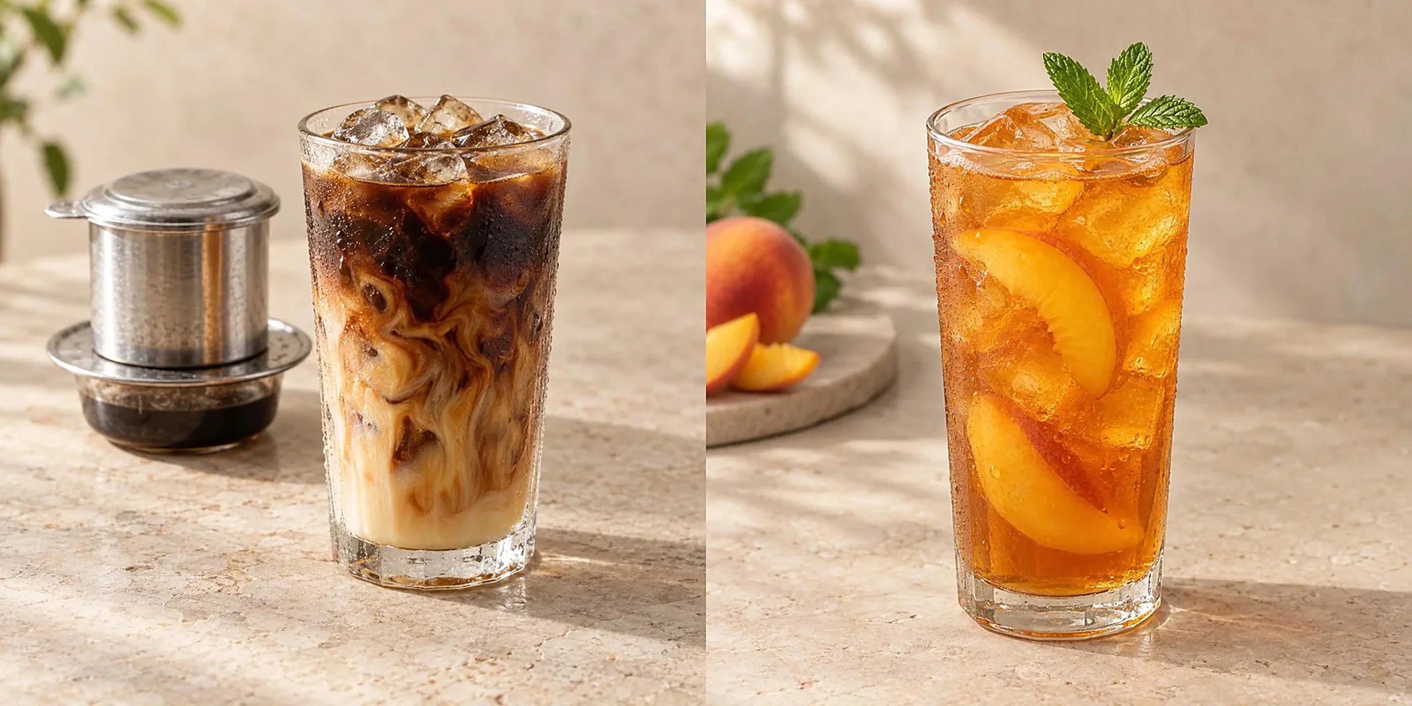 Vietnamese iced coffee with a phin filter beside a glass of peach tea
