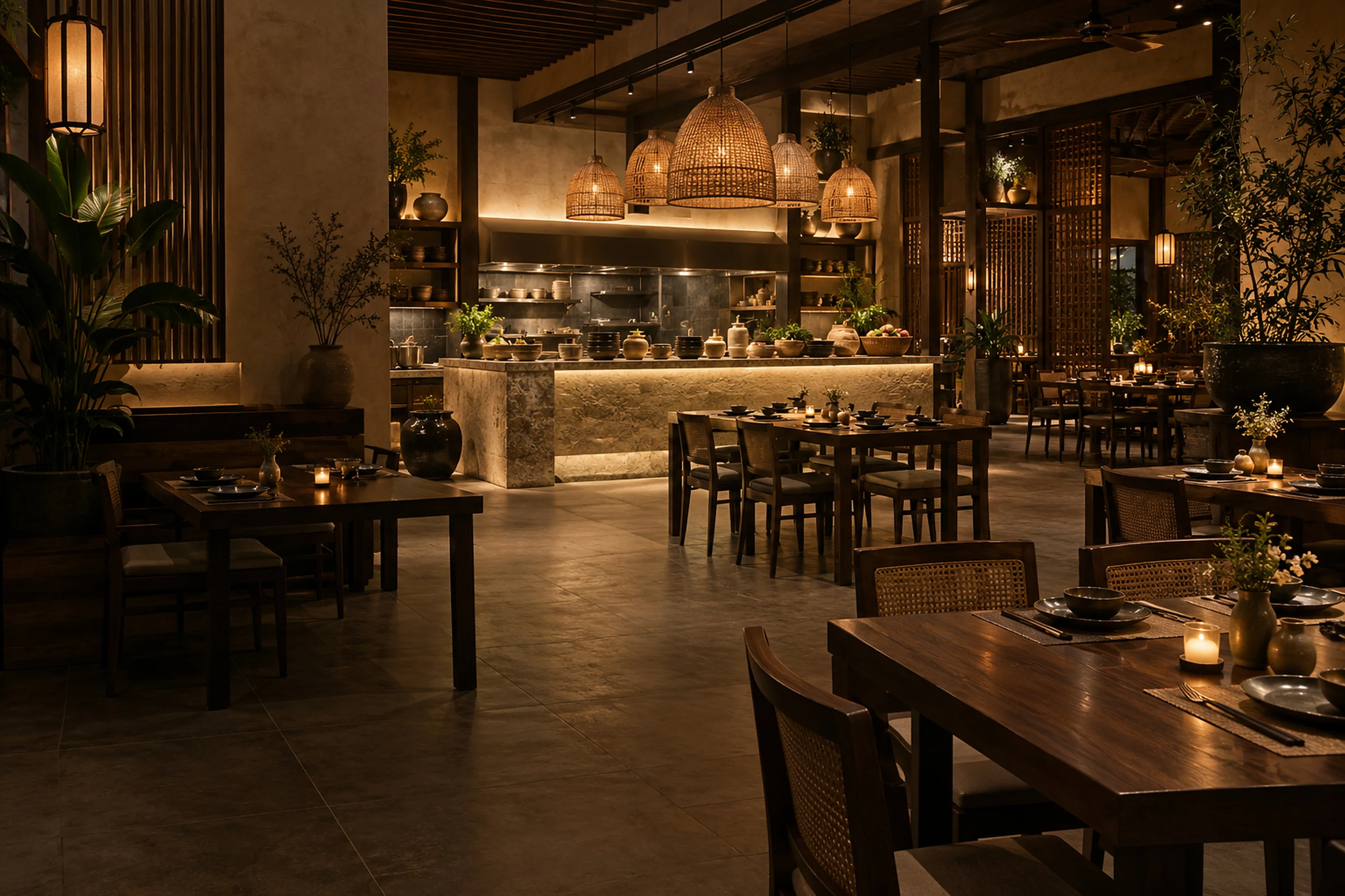 AIO Demo dining room with rattan lanterns and an open kitchen