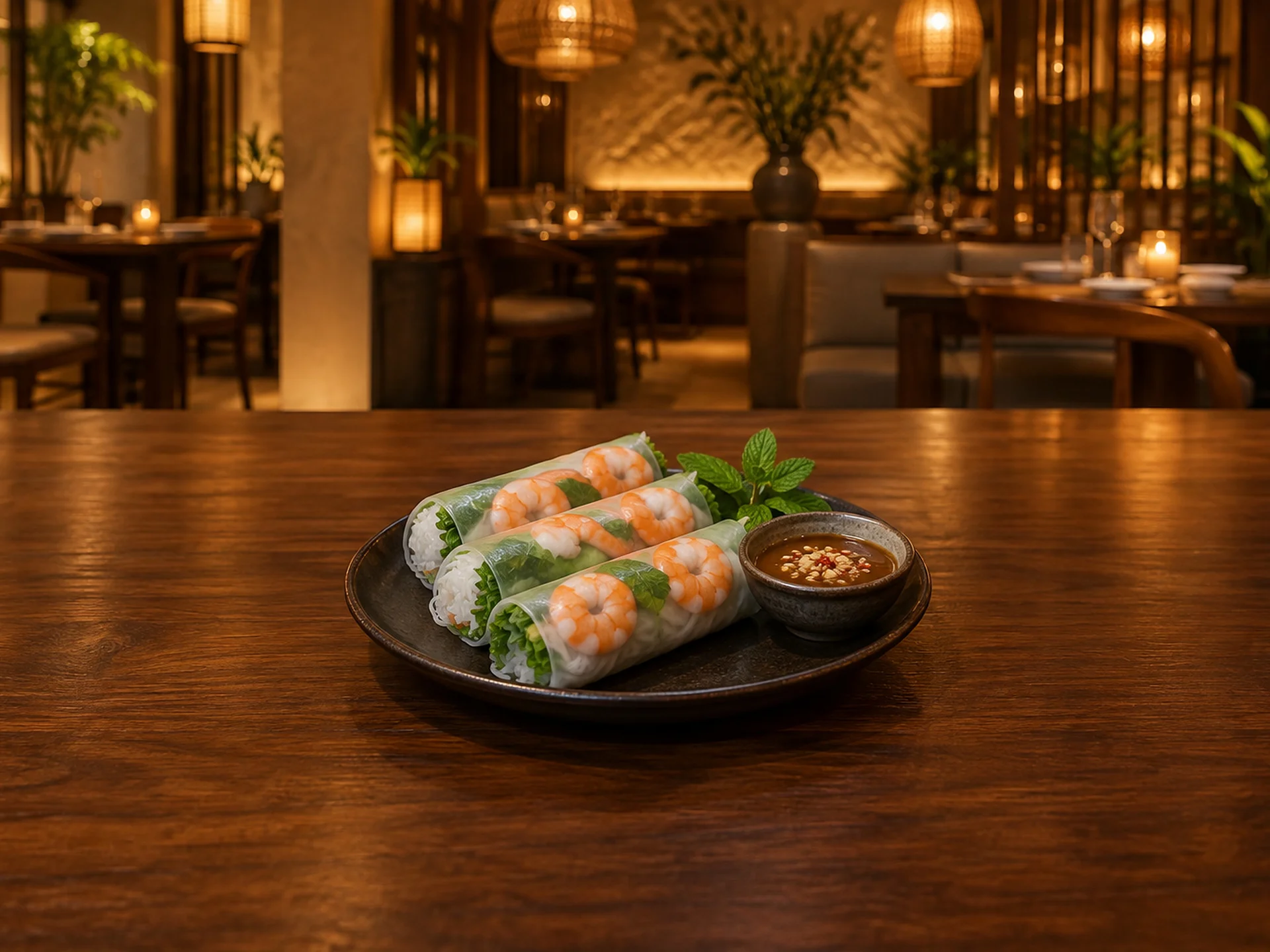 Shrimp spring rolls with peanut dipping sauce