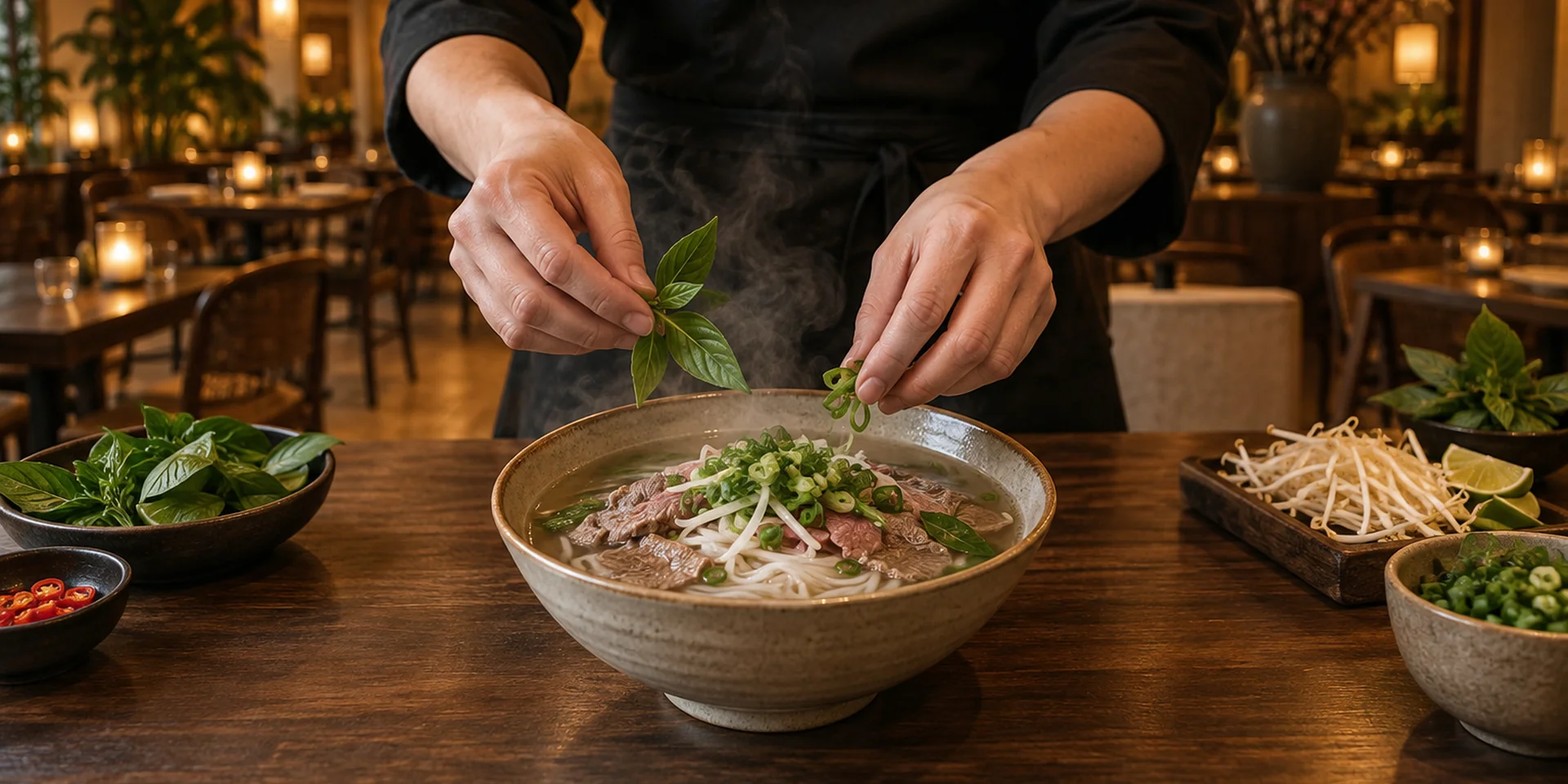 Cook's hands adding Thai basil to a bowl of beef phở