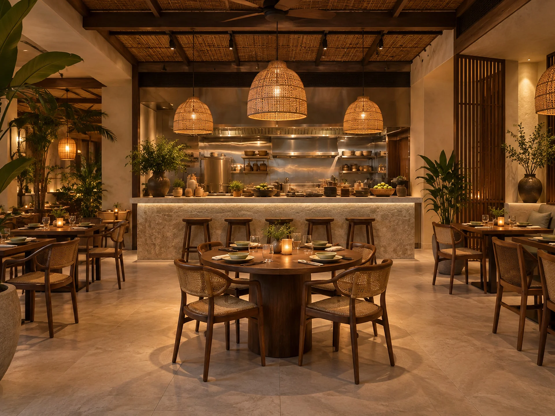 Dining room with a round table and the open kitchen behind