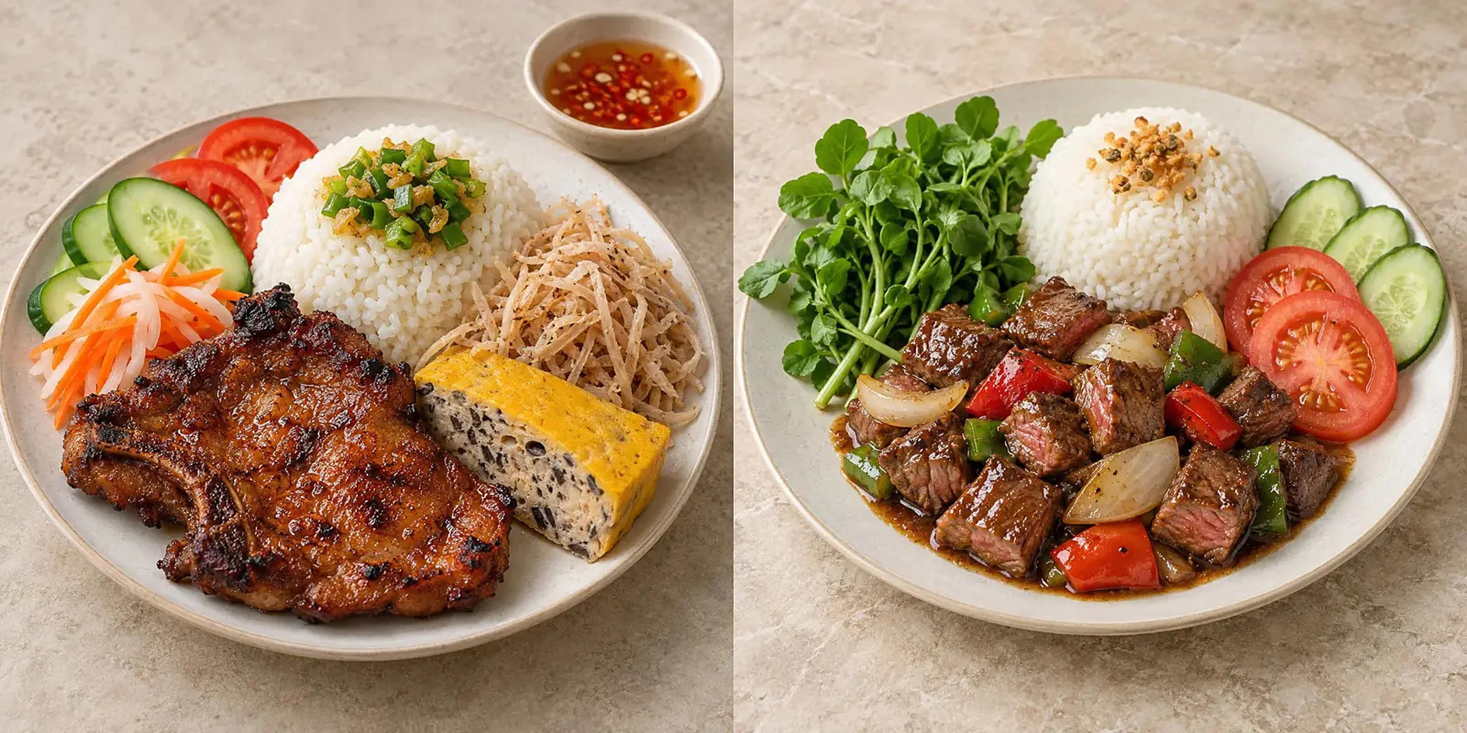 Cơm tấm with grilled pork chop beside shaking beef with rice