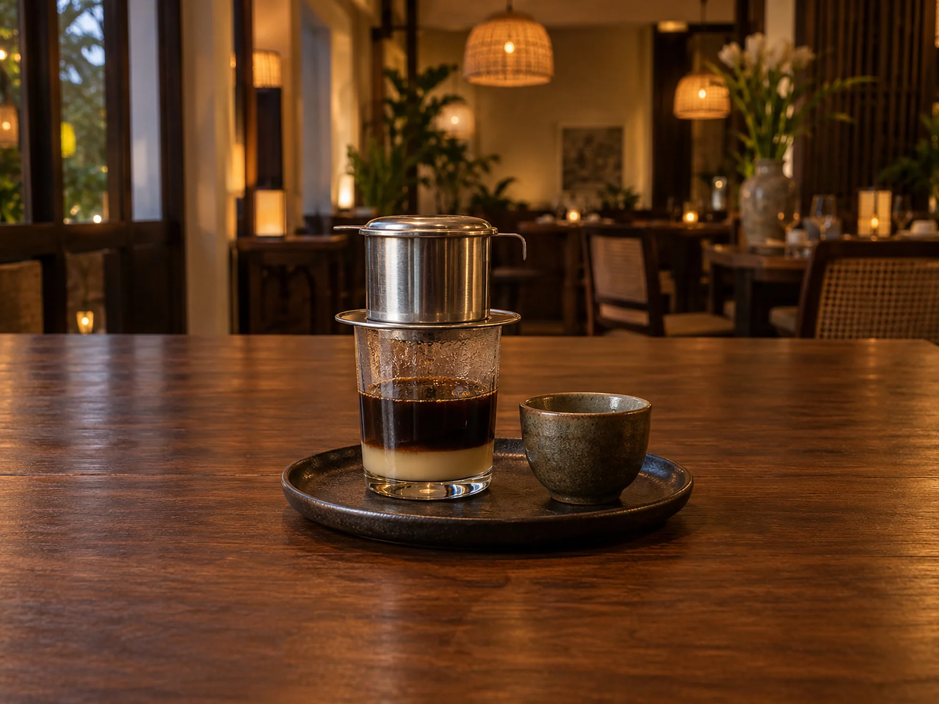 Vietnamese coffee dripping through a phin filter over condensed milk